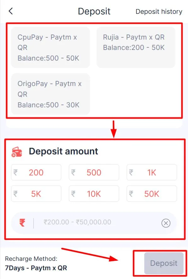 Choose a channel, enter amount, and tap Deposit